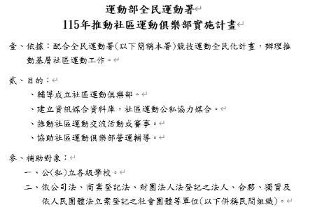 運動部全民運動署「115年推動社區運動俱樂部實施計畫」